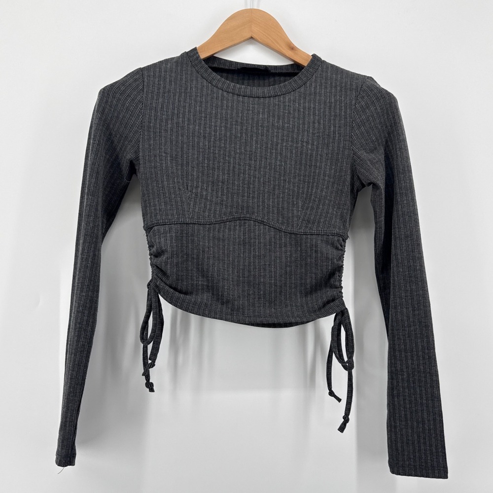 Storia Womens Charcoal‎ Gray Ribbed Ruched Side Tie Cropped Long Sleeve Top S